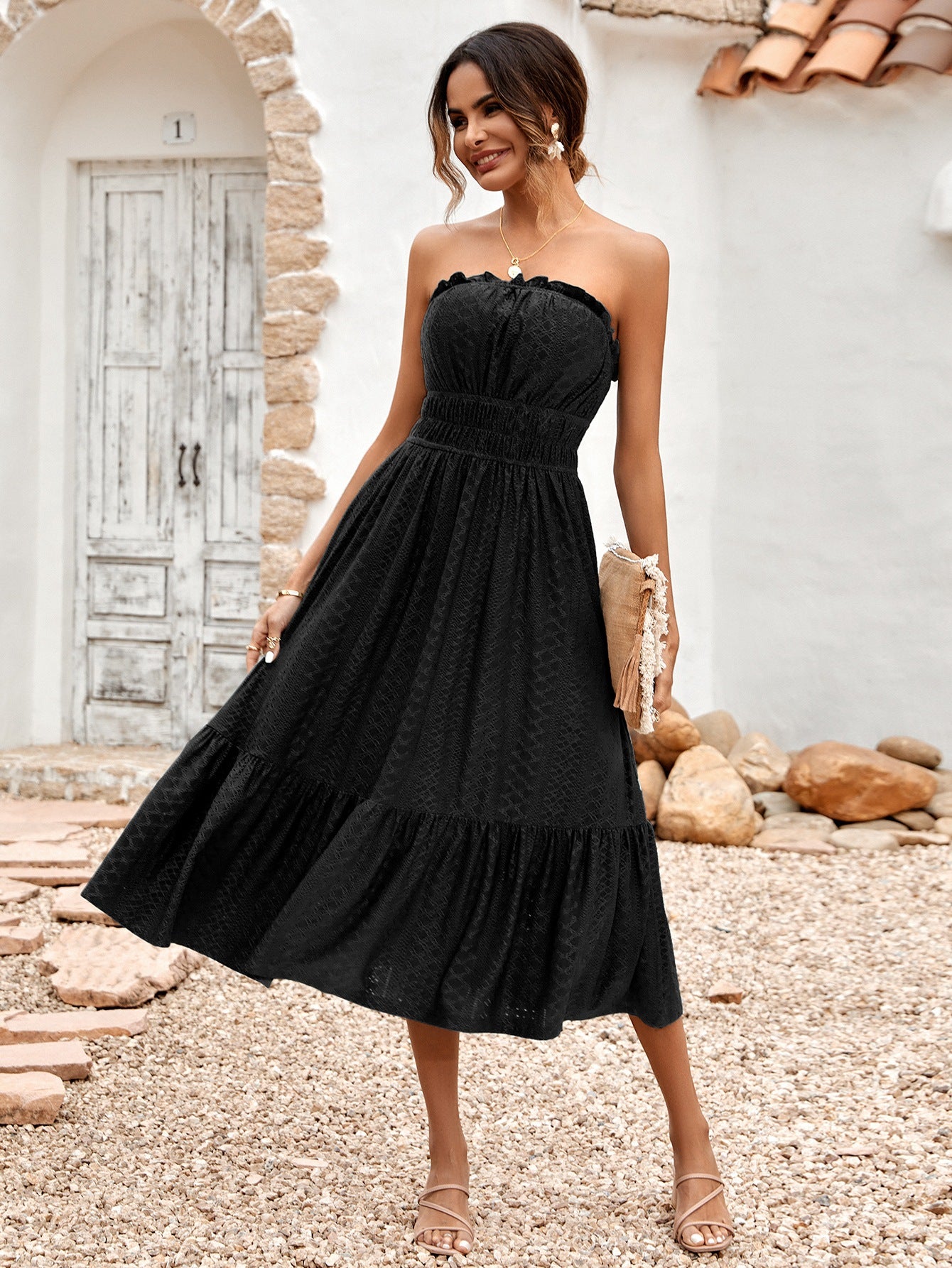 Frill Trim Strapless Midi Dress